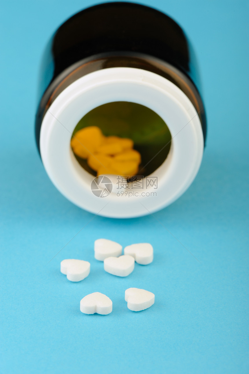 心脏形式的平板宏观药片化学药店火罐药物胶囊剂量科学蓝色图片