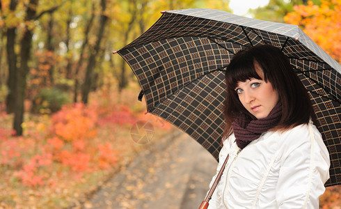 那个穿着雨伞的秋天木头的女孩车道小路女士死亡女孩们场景女性孤独叶子围巾背景图片