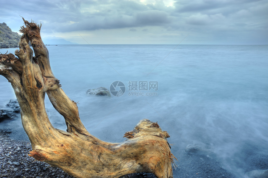 夜间的海水和木材巨石石头海景薄雾场景液体木头海岸线风暴风景图片