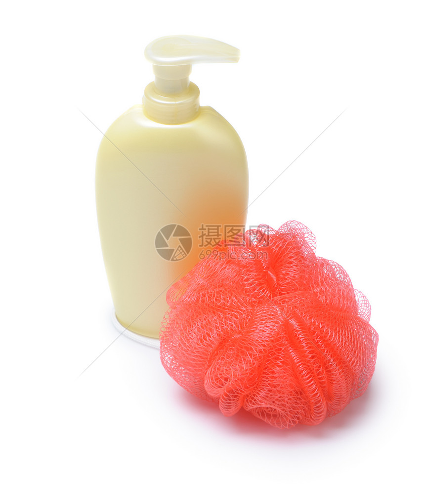 液肥皂和瓶子液体韧皮海绵福利红色纤维洗剂白色温泉塑料图片
