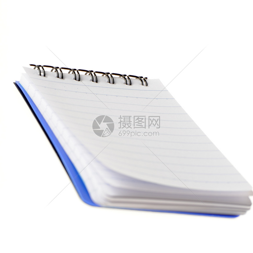 笔记脚视图视图软垫白色日记剪裁戒指办公室宏观蓝色活页商业图片