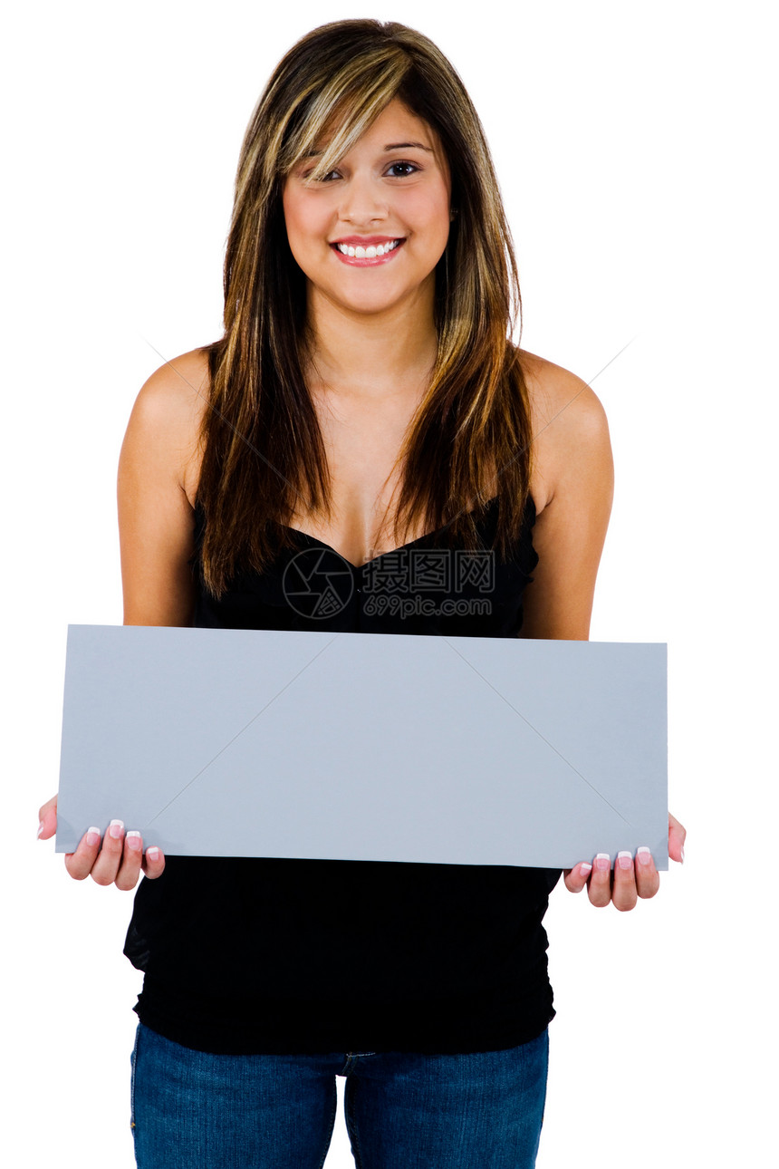 微笑的女士显示牌状沟通白色灰色推介会幸福衣服姿势乐趣空白长方形图片