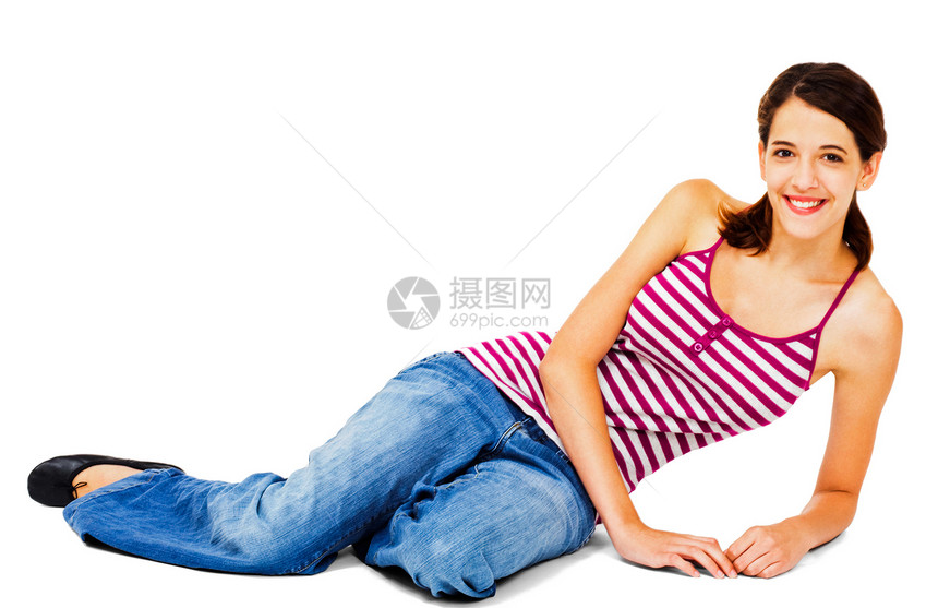 一名妇女装扮的近身衣物条纹女士幸福背心牛仔裤倾斜白色衣服姿势鞋类图片