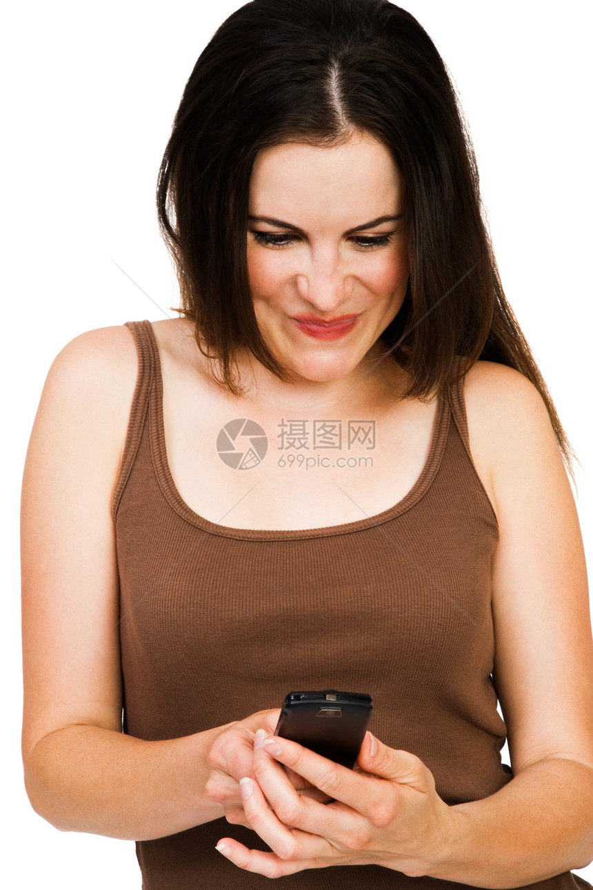 微笑的女性短信信息幸福发送衣服电讯电话背心机动性讯息技术手机图片