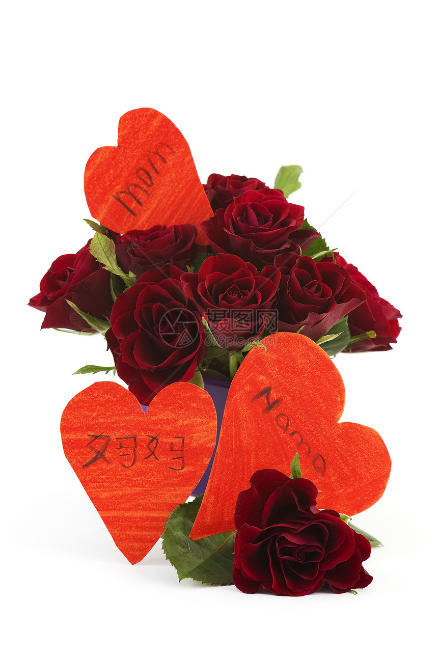红玫瑰和红心母亲植物香味展示花束妈妈周年礼物手势仪式图片