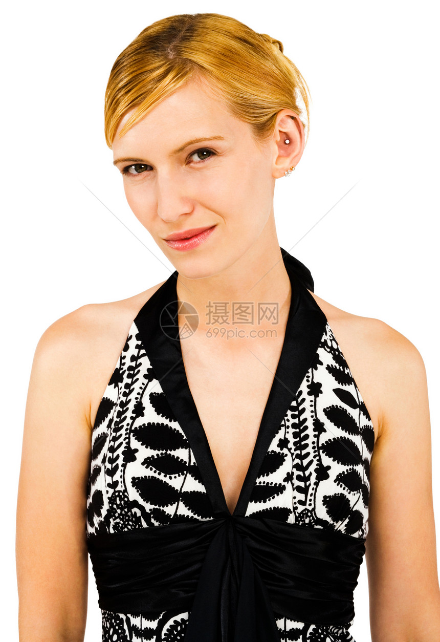 自信的女性装扮微笑姿势女士黑色衣服成人裙子幸福白色图片