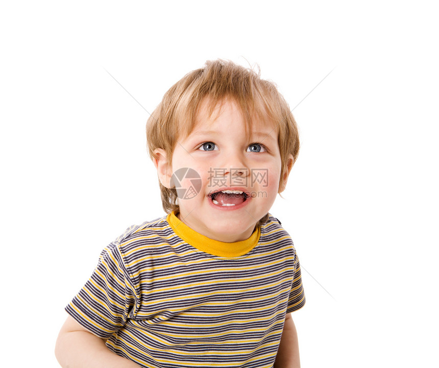 快乐男孩孩子蓝色牙齿工作室男生爆头好奇心白色乐趣金发图片