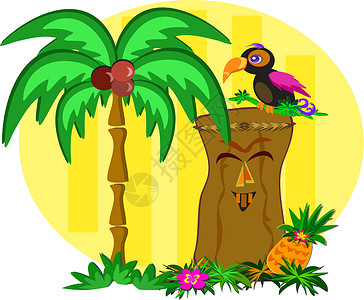 树干图多彩多彩的图坎鸟 在一个快乐的提基上插画