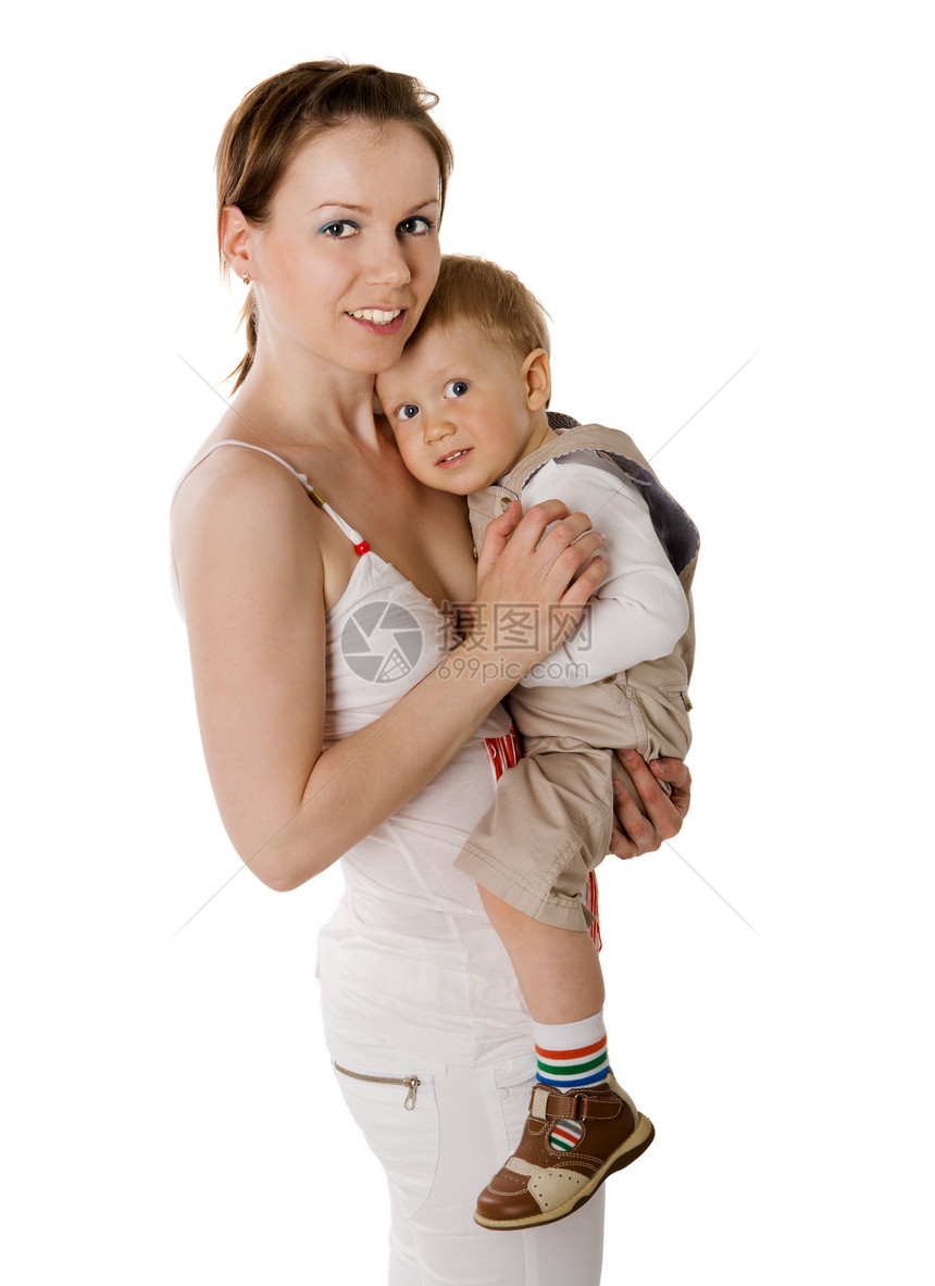 母亲和儿子享受压痛亲热婴儿金发家庭男生白色微笑快乐图片