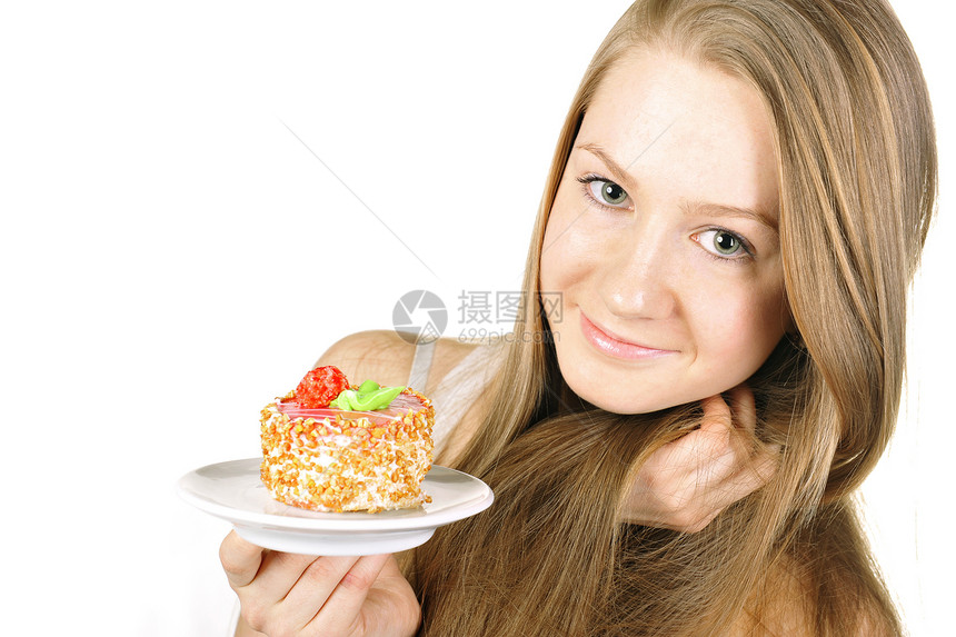 带蛋糕的年轻女孩营养快乐女士白色甜点重量喜悦食物饮食微笑图片