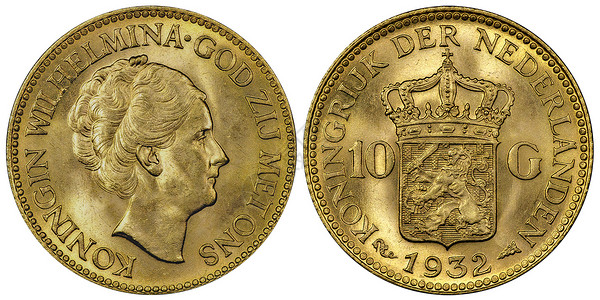 荷兰 1932 金币 10 古尔登高清图片