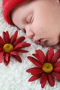 新生儿睡觉红色孩子女孩花朵女性青年工作室女儿白色睡眠背景图片