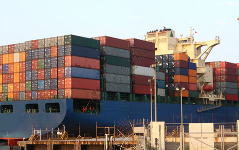 集装箱船舶后勤大部分拖运血管进口港口蓝色货物金属海洋背景
