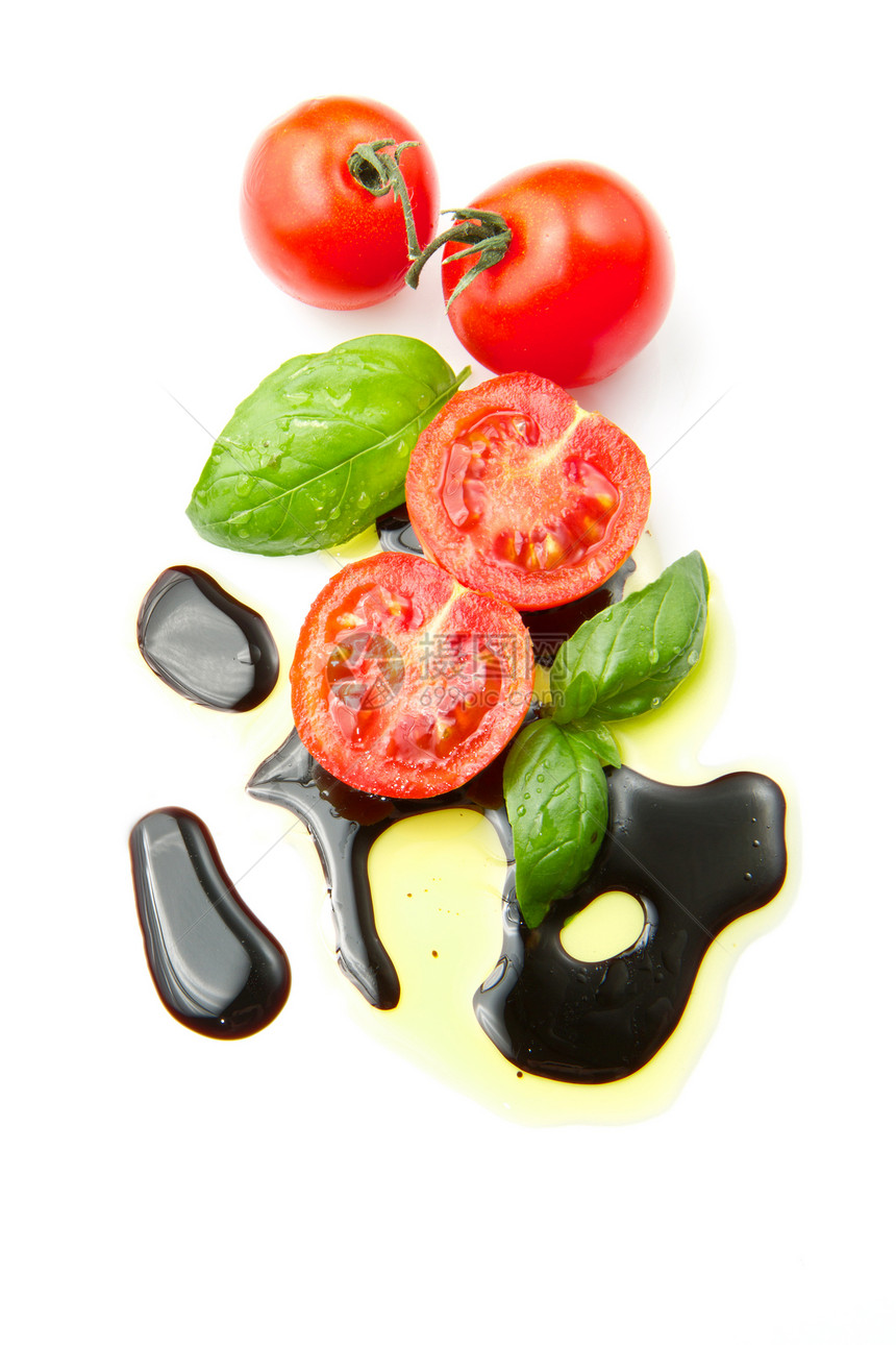 新鲜西红柿 含黄醋香脂草本植物食物瓶子绿色厨房盘子饮食沙拉敷料图片