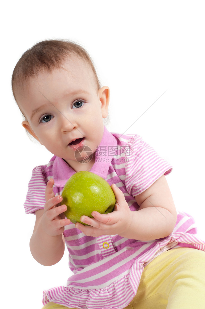 粉红吃苹果的小女孩宝宝孩子童年微笑女孩白色婴儿幸福绿色乐趣女性图片