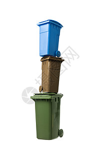 回收纸箱塔台垃圾桶环境问题塑料垃圾白色回收站蓝色处理废物棕色背景图片