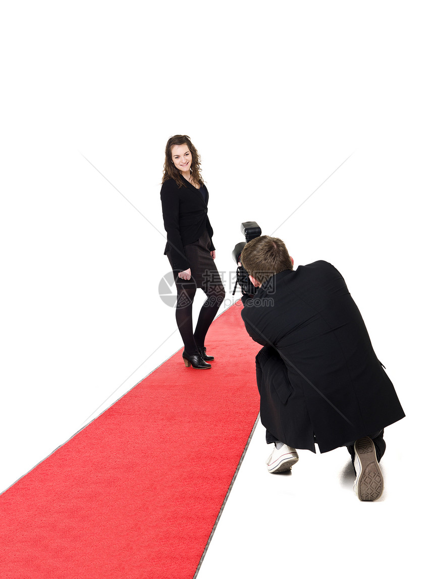 摄影师和模特红色黑色红地毯庆典摄影元素乐趣白色成人裙子图片