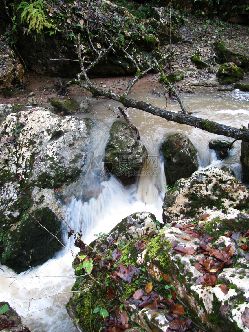 瀑布背景飞溅风景树木木头旅游解脱全景岩石河流图片