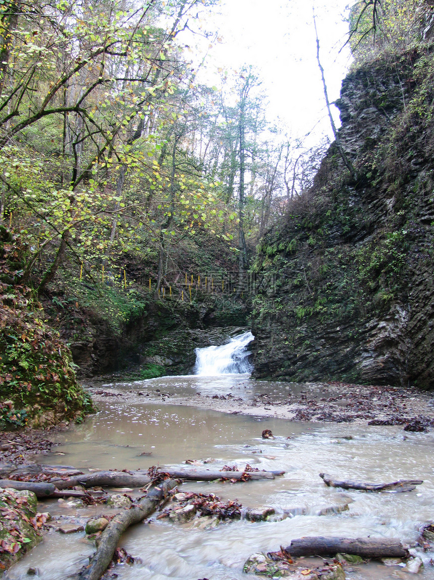 瀑布木头旅行树木水分解脱山脉河流全景旅游岩石图片