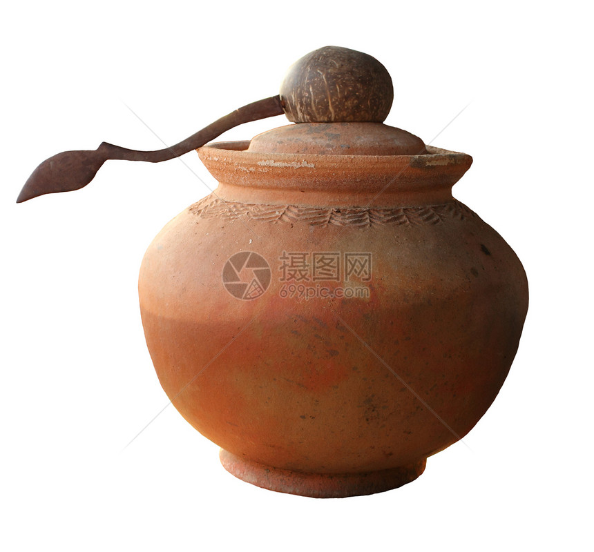 克莱锅圆形陶罐勺子手工白色陶器椰子壳美食工艺图片