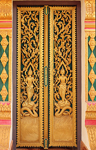 老挝挞阮入口佛教庙门安全绘画精神神社文化金子入口寺庙旅行木头背景