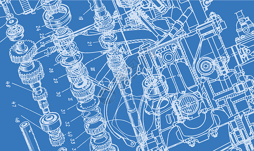 传动装置技术提图背景引擎工程草图打印绘画草稿建筑学蓝色发动机机械插画