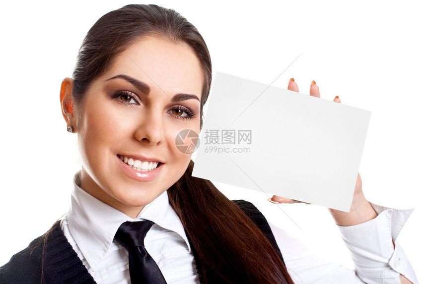 拥有名片的年轻女商务人士文档商务衬衫女性微笑推介会展示快乐工作卡片图片