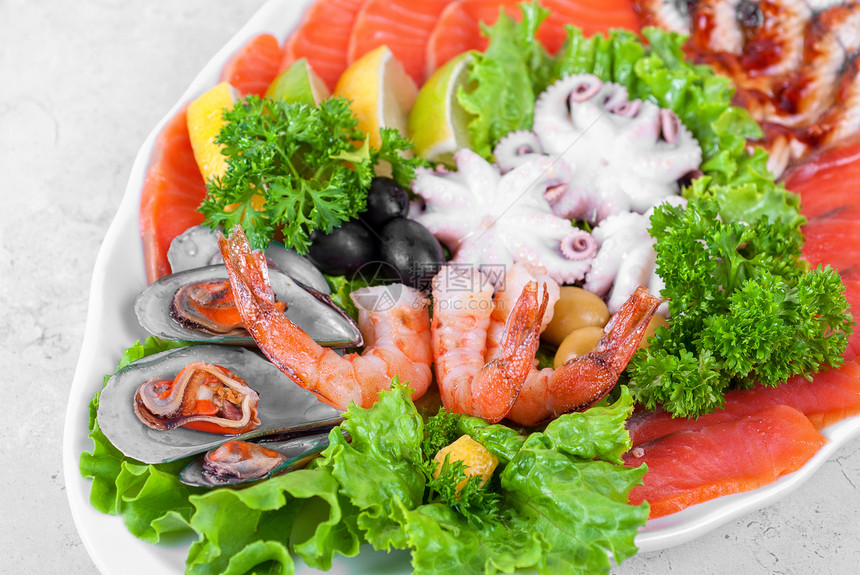 海食沙拉对虾贝类美食树叶章鱼蔬菜胡椒青菜牡蛎乌贼图片