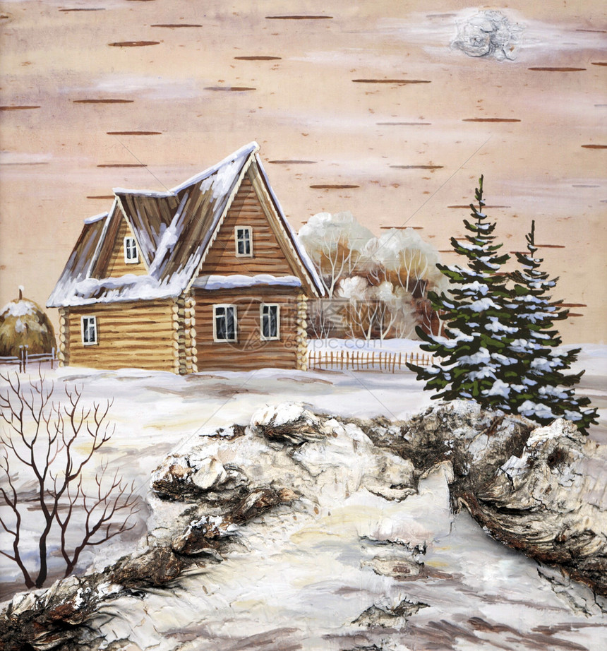 森林中的房屋雪堆手工绘画大厦住宅木头手工业建筑学生态艺术图片
