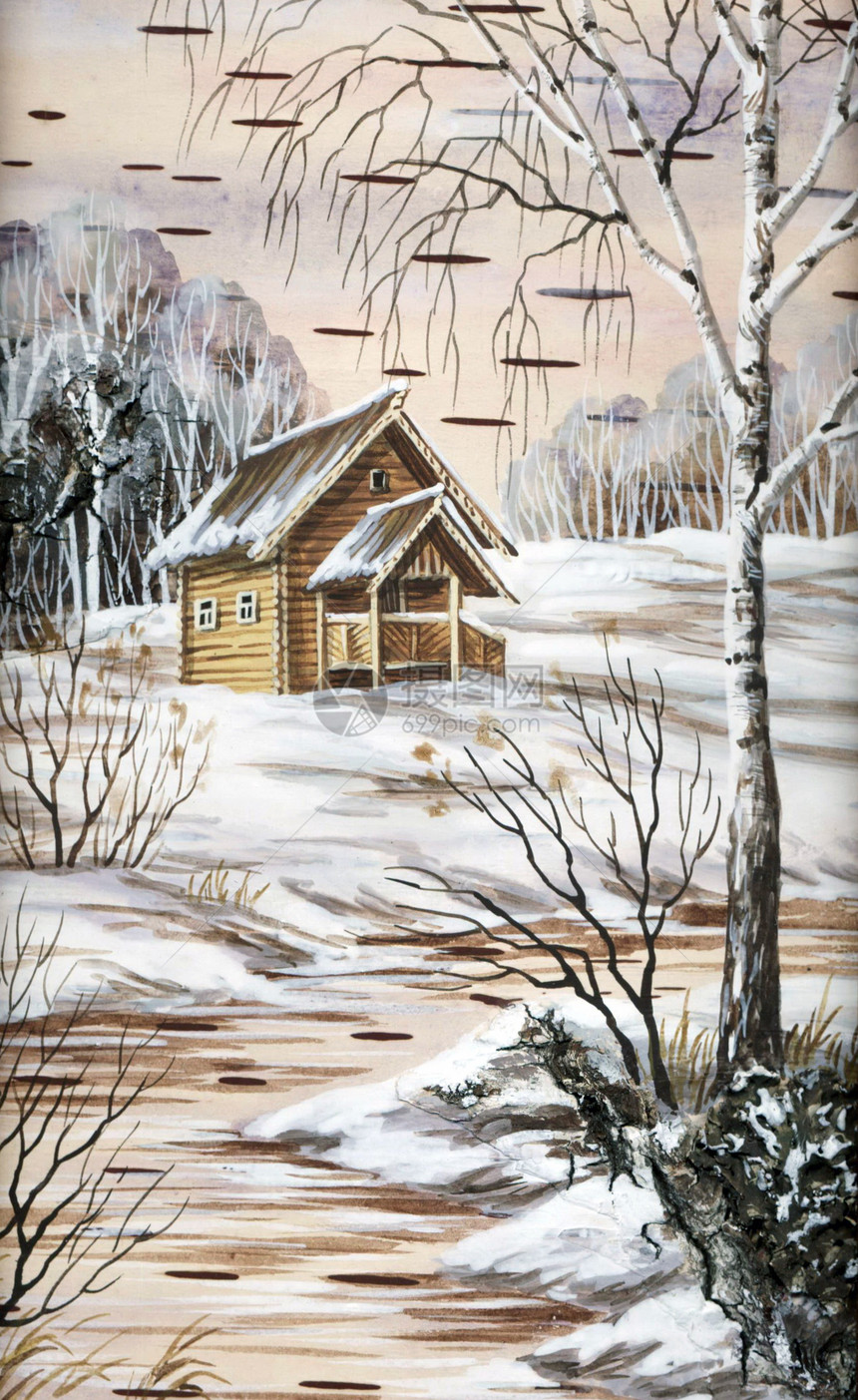森林中的房屋森林国家桦木手工建筑木头绘画房子天气季节图片