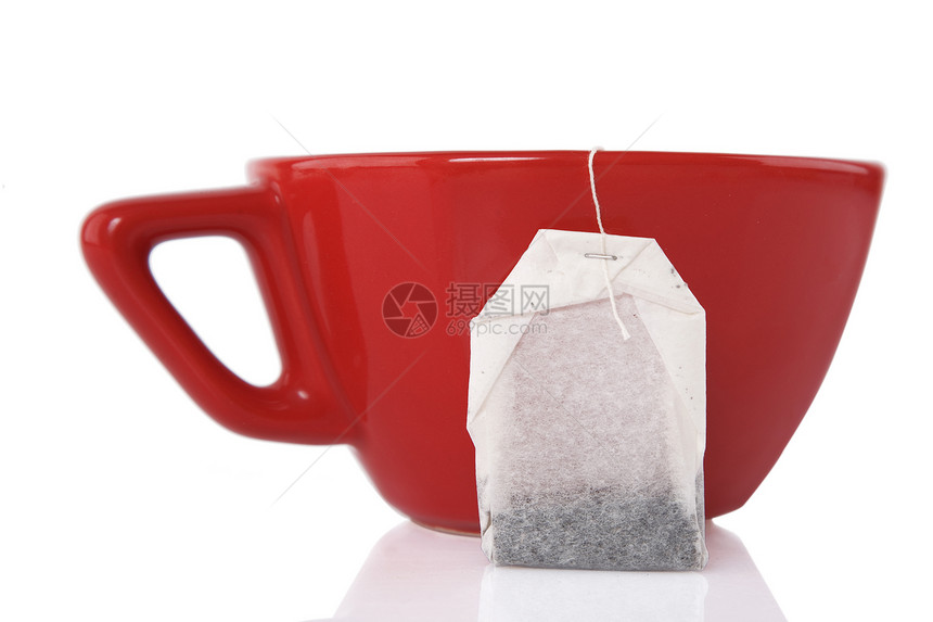 红陶瓷杯加茶袋时间玻璃杯子反射茶包宏观药品香料英语早餐图片
