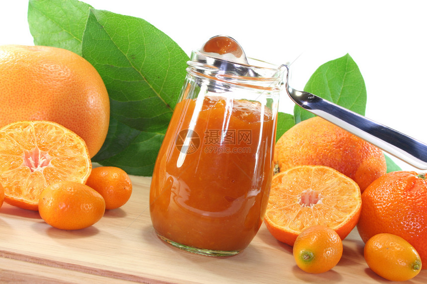 橙果酱水果收获营养橘子甜点装罐点差蔬菜玻璃叶子图片