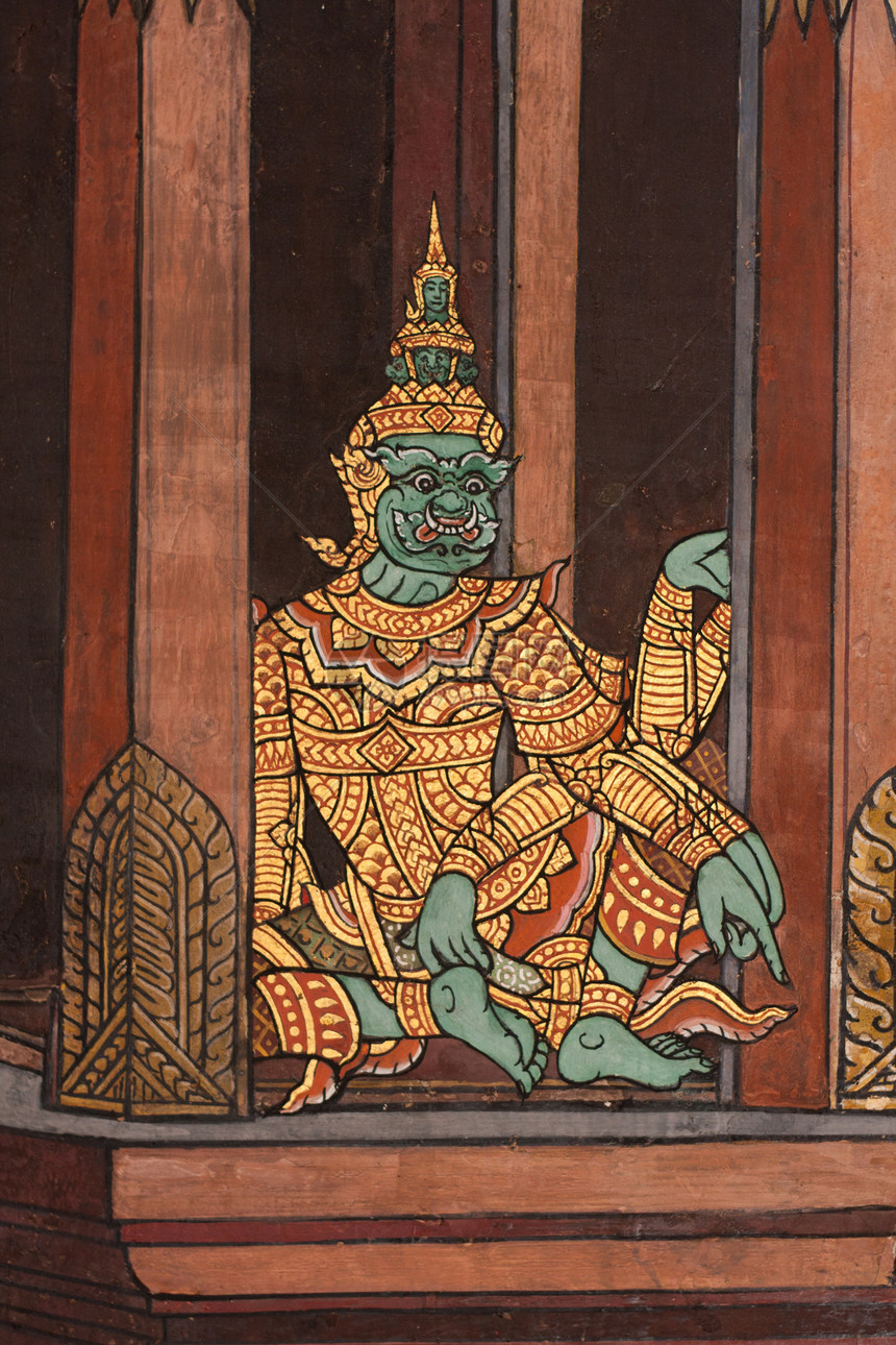 泰国模式绿色宗教绘画金子寺庙艺术场景动物建筑文化图片