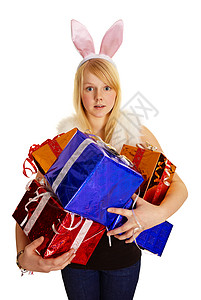 兔子套装穿着兔子西装的年轻金发小金发美女 带礼物背景
