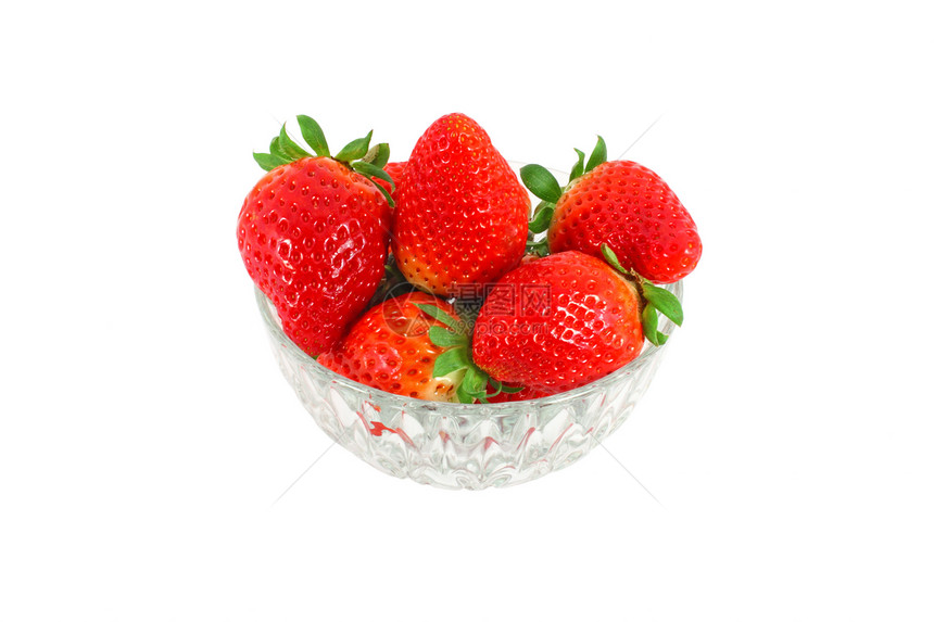 草莓在碗里玻璃红色叶子绿色甜点浆果白色水果食物图片