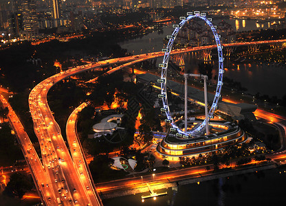 新加坡飞轮娱乐码头全景摩天大楼鸟瞰图闲暇地标旅游传单蓝色背景图片