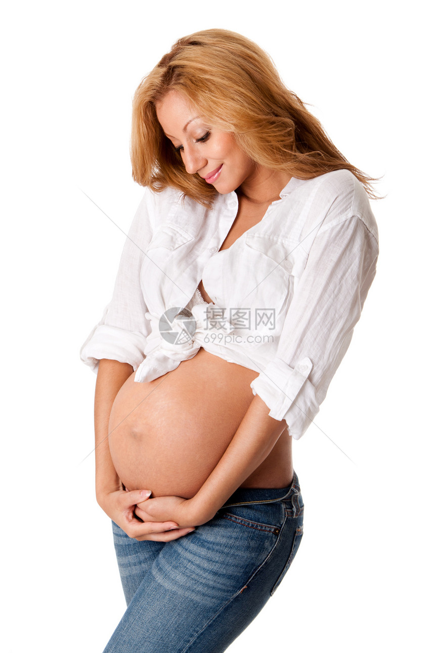 怀孕快乐妈妈皮肤女性牛仔裤母性家庭金发腹部幸福成人图片