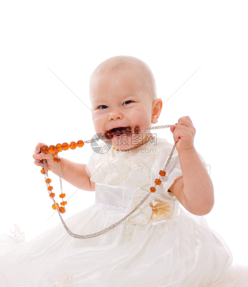 6个月女孩童年儿童喜悦好奇心金发孩子珠子幸福乐趣白色图片