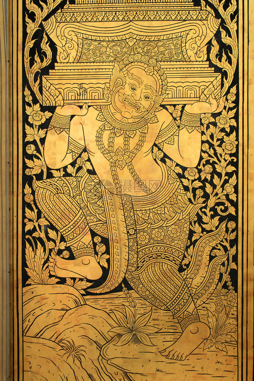 传统泰国寺庙风格金子装饰黑色装饰品佛教徒宗教绘画文化图片