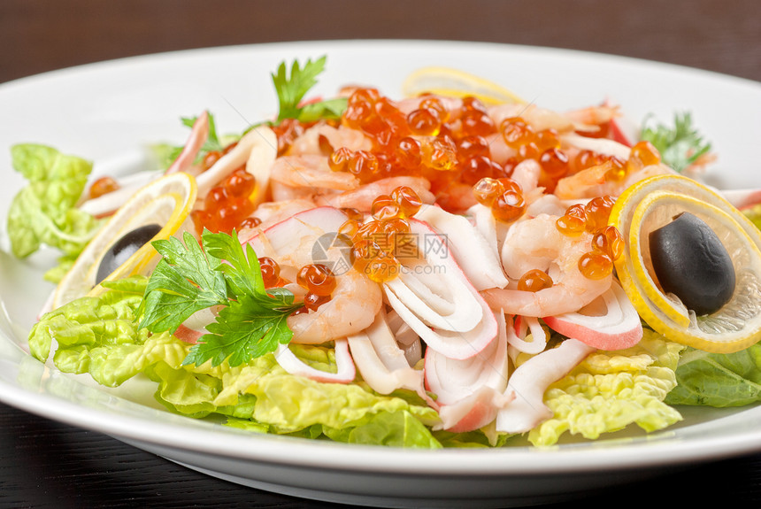 海沙拉水果奢华鱿鱼餐厅鱼子贝类沙拉海鲜盘子柠檬图片