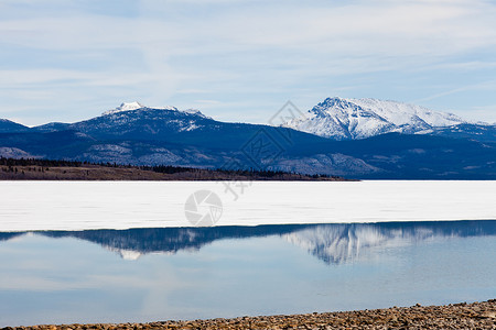 加拿大育空Laberge湖的白雪山脉背景