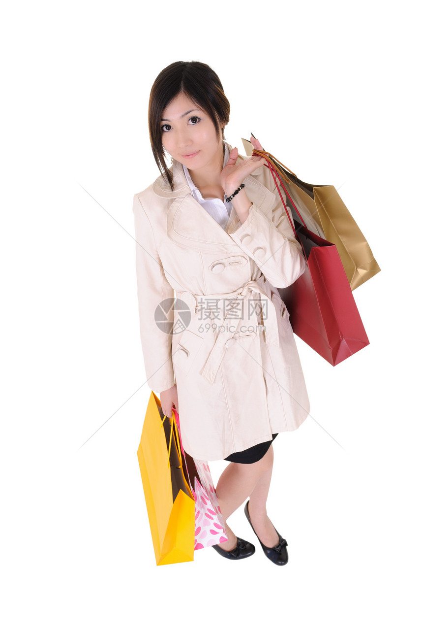 购物妇女外套零售销售成人购物中心购物者礼物工作室身体姿势图片