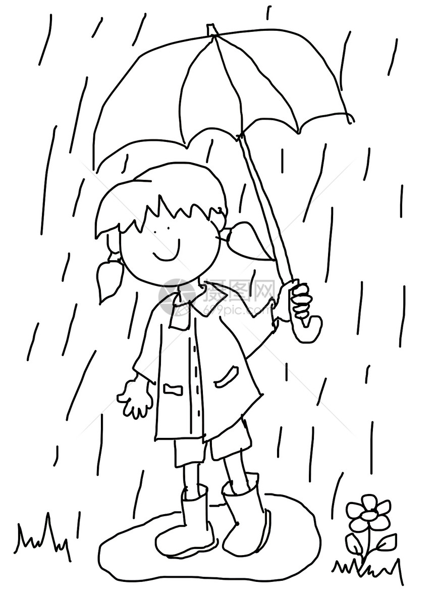 带伞式漫画的小女孩水坑乐趣淋浴天气绘画靴子卡通片女孩风暴外套图片