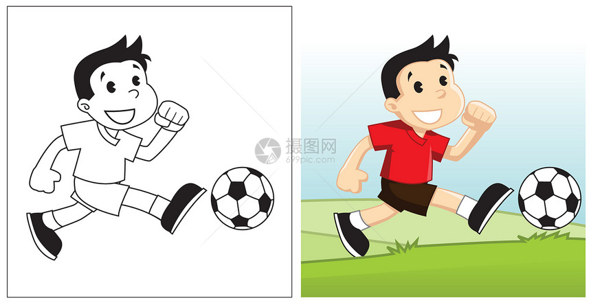 足球男孩爬坡绿色卡通片场地乐趣跑步天空图片