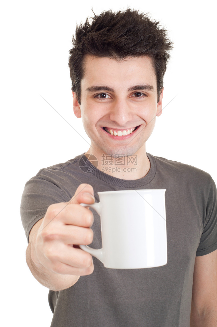 男人拿着杯子青年喜悦白色微笑快乐灰色幸福男性成人咖啡图片