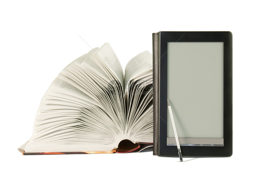 开放书和电子书阅读器电子书笔尖电子教科书教育数字化展示小说学习技术图片