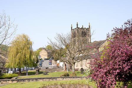 宾利教堂和樱桃树背景图片