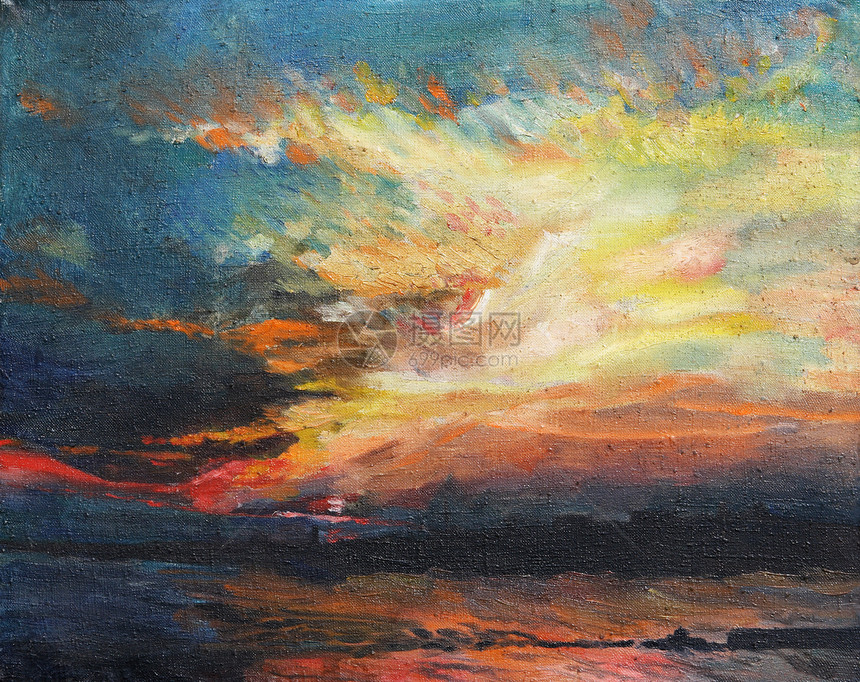 画画 日落在德尼珀号上艺术家天空海浪帆布树叶反射风景绘画橙子蓝色图片
