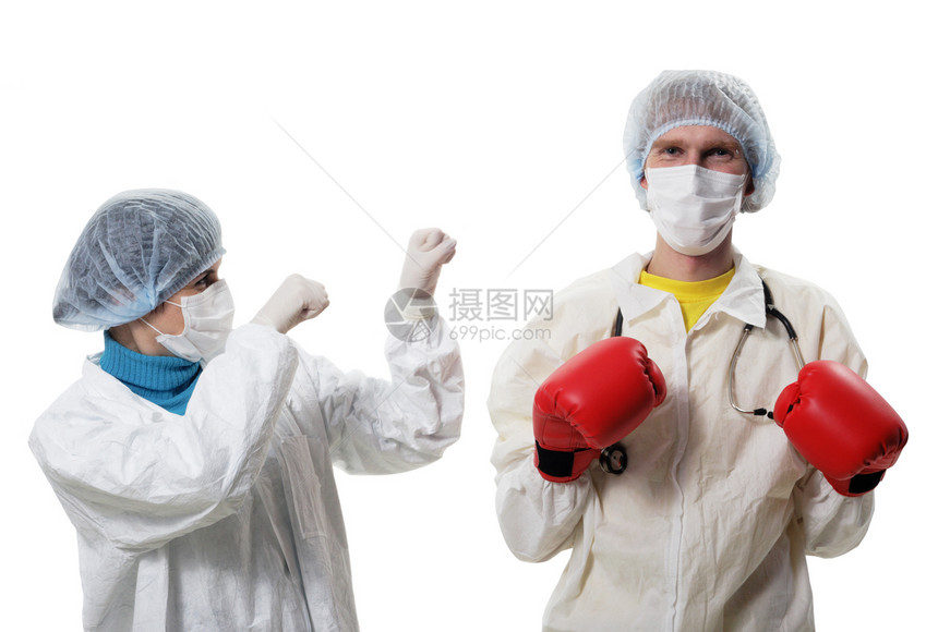 红拳击手套防流感医生防治流感男人诊所药品成人工作力量学生工作室专家盒子图片