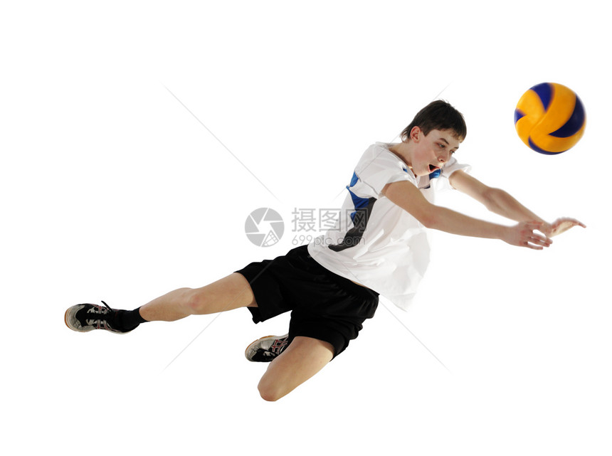 高空排球运动员与球一起飞行防御白色蓝色运动分数服务比赛闲暇竞争男人图片